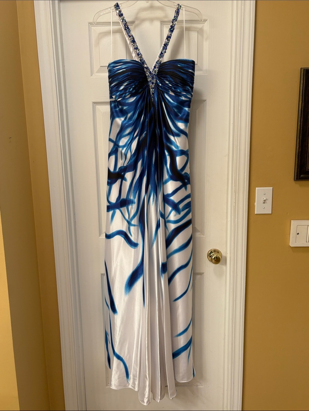 Cache Blue and White Evening Dress with Beaded Accents